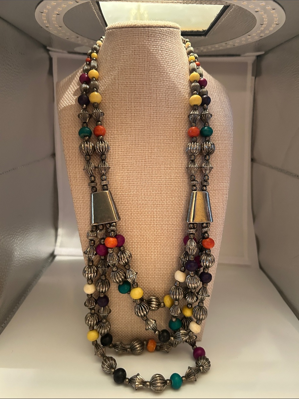 Double strand necklace silver antique style colorful boho southwestern inspired